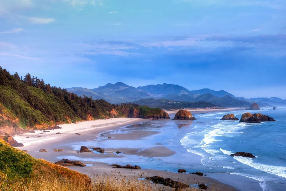 This breathtaking coastal view showcases ocean waves crashing against rock formations, a sandy shore, forested cliffs, and distant mountains. The natural beauty is striking and the scene feels ripe for exploration, from tide pools to sunset viewing.